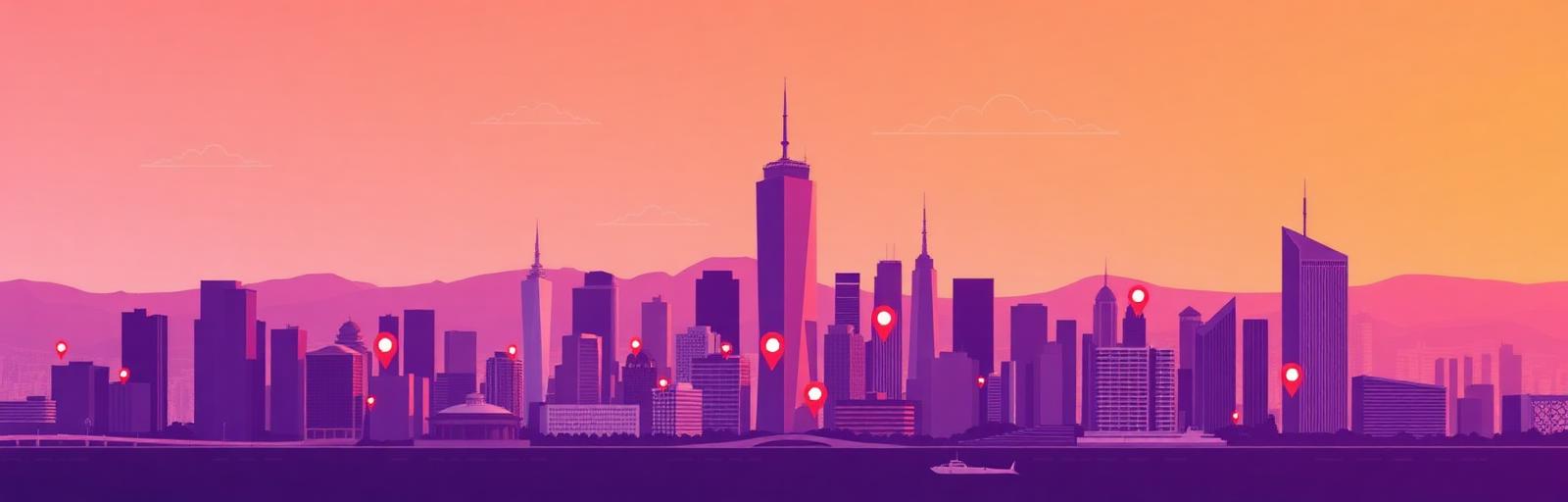 City skyline with store locations